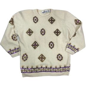 Creazioni effeci cream purple gold beaded sweater. Large